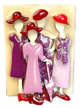 Lucinda Vintage Figural Fashion Brooch Pin Red Hat Ladies Pink Purple Resin EUC